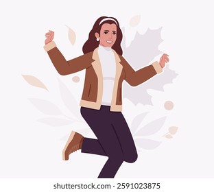 Woman wearing shearling warm coat jacket happy joy pose. Cold winter comfort, fall season attractive lady city daily life. Vector flat style cartoon illustration, autumn leaves creative background