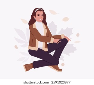 Woman wearing shearling warm coat jacket sitting relax pose. Cold winter comfort, fall season attractive lady city daily life. Vector flat style cartoon illustration, autumn leaves creative background