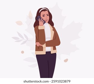 Woman wearing shearling warm coat jacket, phone call pose. Cold winter comfort, fall season attractive lady city daily life. Vector flat style cartoon illustration, autumn leaves creative background