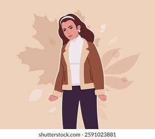 Woman wearing shearling warm coat jacket anger mood pose. Cold winter comfort, fall season attractive lady city daily life. Vector flat style cartoon illustration, autumn leaves creative background