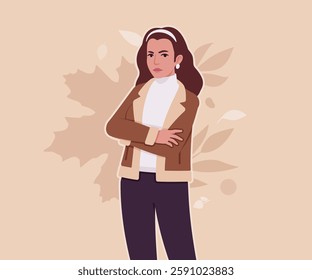 Woman wearing shearling warm coat jacket crossed arms pose. Cold winter comfort, fall season attractive lady city daily life. Vector flat style cartoon illustration, autumn leaves creative background