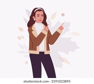 Woman wearing shearling warm coat jacket, cool speaker pose. Cold winter comfort, fall season attractive lady city daily life. Vector flat style cartoon illustration, autumn leaves creative background