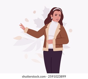 Woman wearing shearling warm coat jacket, speaker pose. Cold winter comfort, fall season attractive lady city daily life. Vector flat style cartoon illustration, autumn leaves creative background