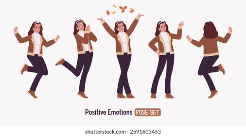 Woman wearing shearling warm coat jacket positive fun pose set. Cold winter comfort, autumn day attractive lady, stylish flared pants, boots for city daily life. Vector flat style cartoon illustration