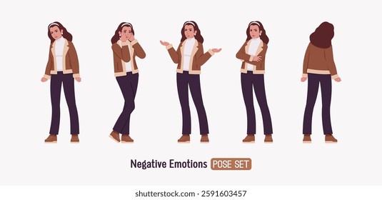 Woman wearing shearling warm coat jacket negative mood pose set. Cold winter comfort, autumn day attractive lady stylish flared pants, boots for city daily life. Vector flat style cartoon illustration