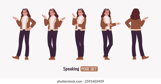 Woman wearing shearling warm coat jacket speaking chat pose set. Cold winter comfort, autumn day attractive lady stylish flared pants, boots for city daily life. Vector flat style cartoon illustration