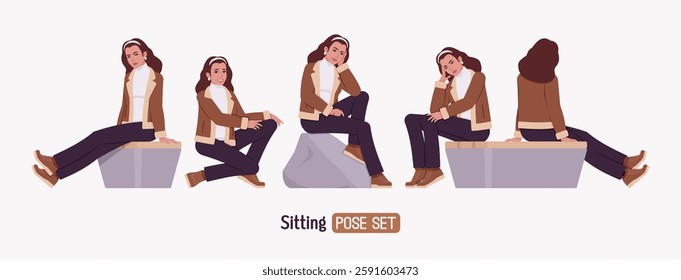 Woman wearing shearling warm coat jacket sitting rest pose set. Cold winter comfort, autumn day attractive lady, stylish flared pants, boots for city daily life. Vector flat style cartoon illustration