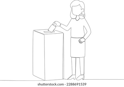 A woman wearing a short skirt stuffs a vote envelope into the ballot box. Vote one-line drawing