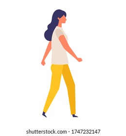 The woman wearing the short sleeve shirt. Vector flat illustration of walking woman. Concept for the business and social issues design. Vector illustration in flat style.