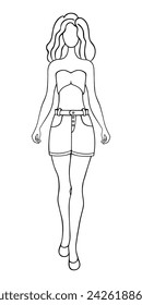 Woman wearing a short strapless top and denim shorts with a belt and pockets. Sketch. Vector illustration. Lady with wavy hair and long legs. Doodle style. Outline on isolated background. Coloring.