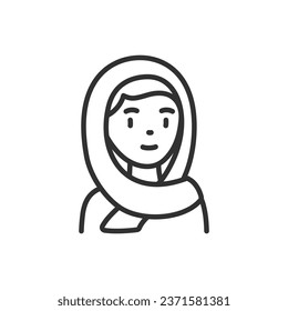 A woman wearing a silk scarf on her head, linear icon. Dressing style and elegance. Line with editable stroke