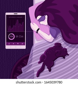 Woman wearing a sleep tracker in bed to control the quality of sleep. Flat vector illustration.