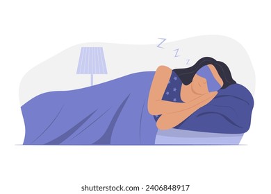 Woman Wearing Sleeping Mask and Sleep in Bed at Night Concept Illustration
