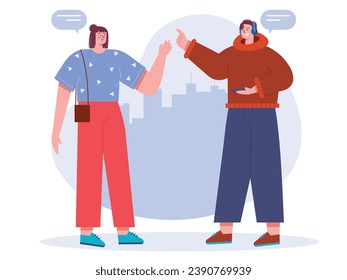 Woman wearing a sling bag greeting her male friend when meeting on the street and have conversation. Character design. Vector flat illustrationv