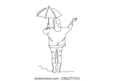 A woman wearing a small umbrella in rear view. Umbrella one-line drawing