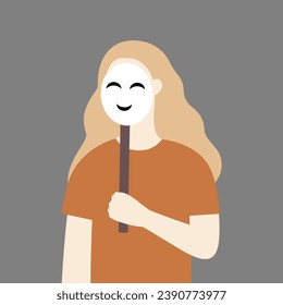 Woman wearing smiling face mask. Communication, mental health, relationship, social, emotion concepts. Flat vector character design isolated illustration.