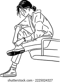 Woman wearing Sneaker Young People street wear Casual lifestyle Hand drawn line art Illustration