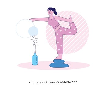 Woman wearing sportswear is balancing herself in yoga pose on a rock. Character design. Vector flat illustration