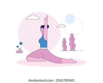 Woman wearing sportswear doing yoga outdoor, relaxation and charging body energy. Character design. Vector flat illustration