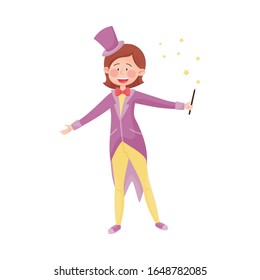 Woman Wearing Street Magician Costume Performing Amusement Show Vector Illustration