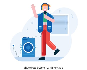 Woman wearing stylish clothes is enjoying singing at home, with microphone, headphones and speakers. Character design. Vector flat illustration