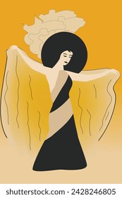 A woman wearing a stylish gown and hat extends her hands to hold a cape behind herself.