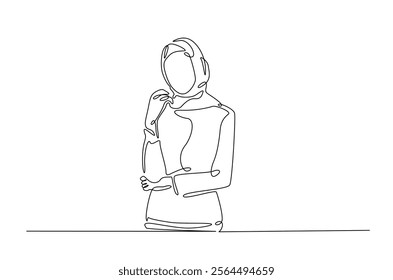 Woman wearing stylish and trendy hijab in continuous one line drawing design. Arabian woman potrait single line illustration.