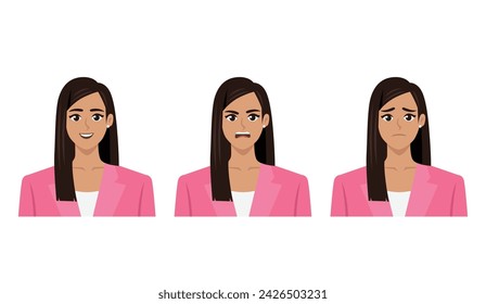 Woman wearing suit with 3 emotions. Happy, Angry, and Sad. Flat Vector Character Isolated on White Background