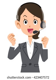 Woman wearing a suit and headset. hustle