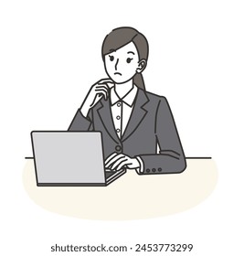 A woman wearing a suit thinking while using a computer