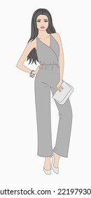 Woman wearing summer grey overall. Beautiful lady black long hair. Female figure silhouette. Fashion drawing Vector illustration.