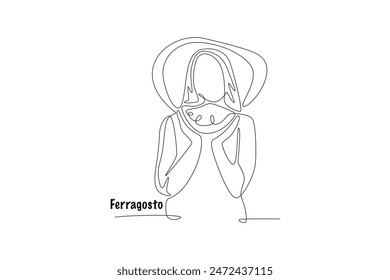 Woman wearing summer hat holding watermelon. Ferragosto concept one-line drawing