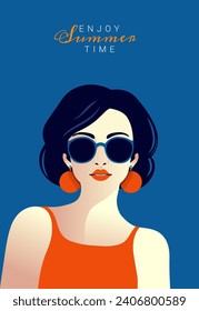 Woman wearing sunglasses blue background. Pop art poster, Modern retro style. Flat vector illustration.