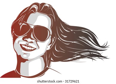 woman wearing sunglasses with hair flowing