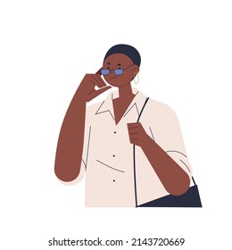 A woman wearing sunglasses is posing in a stylish way. flat design style vector illustration.