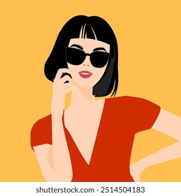 Una mujer con gafas de sol y lápiz labial rojo está rodeada de flores rojas. La escena es lúdica y divertida, con la mujer. Moda hermosa cara de mujer en gafas de sol negras retro, mano con uñas de manicura.