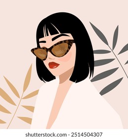 A woman wearing sunglasses and a red lipstick is surrounded by red flowers. Scene is playful and fun, with the woman. Fashion beautiful woman face in retro black sunglasses, hand with manicure nails.