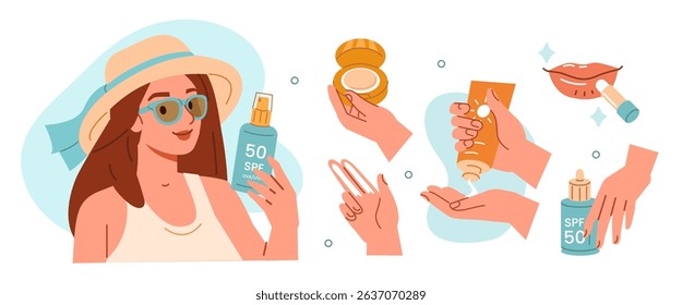 Woman wearing sunglasses and straw hat showing how to apply sunscreen, spf lotion, cream, lip balsam. Sun protection products collection. Vector illustration.