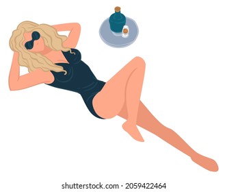 Woman wearing sunglasses and swimming suit resting and sunbathing. Summer relax and vacation by seaside. Woman by bottle of champagne, rich or luxurious lady on voyage or trip. Vector in flat style