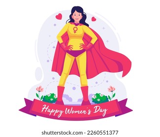 Una mujer con un traje de superhéroe con una capa para celebrar el Día de la Mujer. Superheroína feminista. Ejemplo conceptual del Día Internacional de la Mujer 8 de marzo