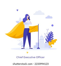 Woman wearing superhero's cape and flag. Concept of chief executive officer or CEO, general manager, successful entrepreneur, superiority in business. Flat vector illustration for banner, poster.