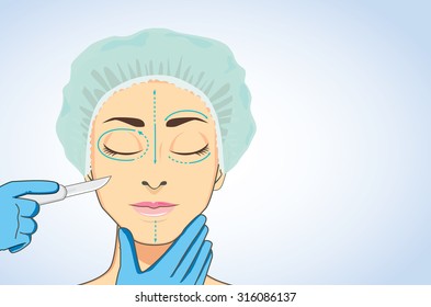 woman wearing surgical caps sleeping for ready to cosmetic surgery. Beautician hands holding surgical scalpel blade ready for surgery on her face marked.