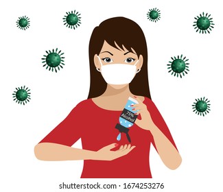 Woman wearing surgical face mask apply hand sanitizer with 75% alcohol gel washing her hands to protect COVID-19. Isolated on white background. Idea for corona virus (covid-19) outbreak and prevention