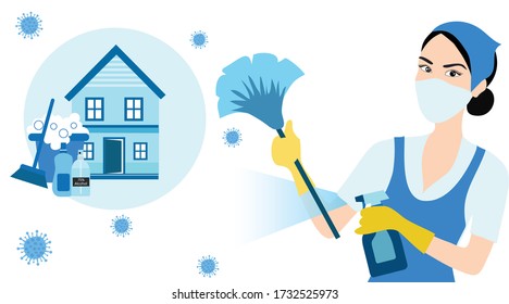 Woman Wearing Surgical Mask And Holding Hygiene Cleaning Products To Clean House To Protect COVID-19 Coronavirus Outbreak  Vector Illustration. Disinfection And Hygiene Cleaning Concept Background