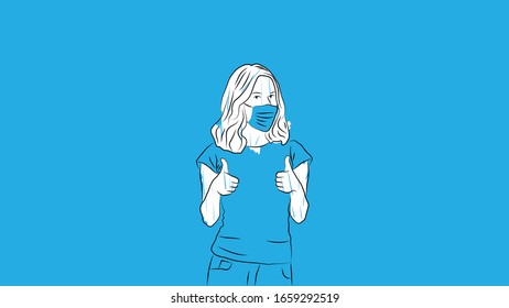 woman wearing surgical/medical mask to prevent infectious disease/virus doing thumbs up simple hand drawn design style minimal vector illustration