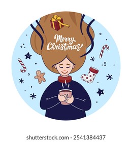 Woman wearing sweater with long hair holding cup with hot drink surrounded Christmas decor. Winter postcard. Merry Christmas lettering. Vector illustration in doodle style.