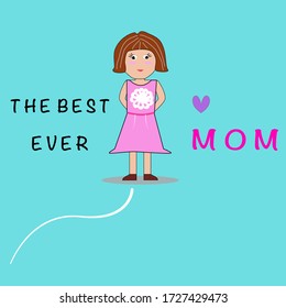 A woman is wearing a sweet pink dress that a short hair and white skin is standing on green background with text is The best ever mom. Mother's day concept. 