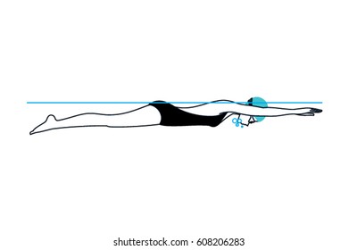 Woman wearing swimming suit and hat gliding under the water in the swimming pool. Vector illustration