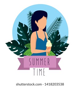 woman wearing swimsuit with ice cream and leaves plants