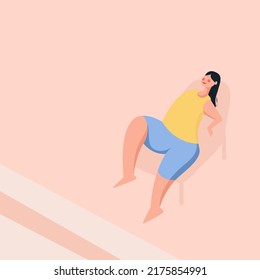 A woman wearing a swimsuit is relaxing on the pool bed. Women swimming in summer.  Women laying down on Beach vacation. Vector illustration with copy space.